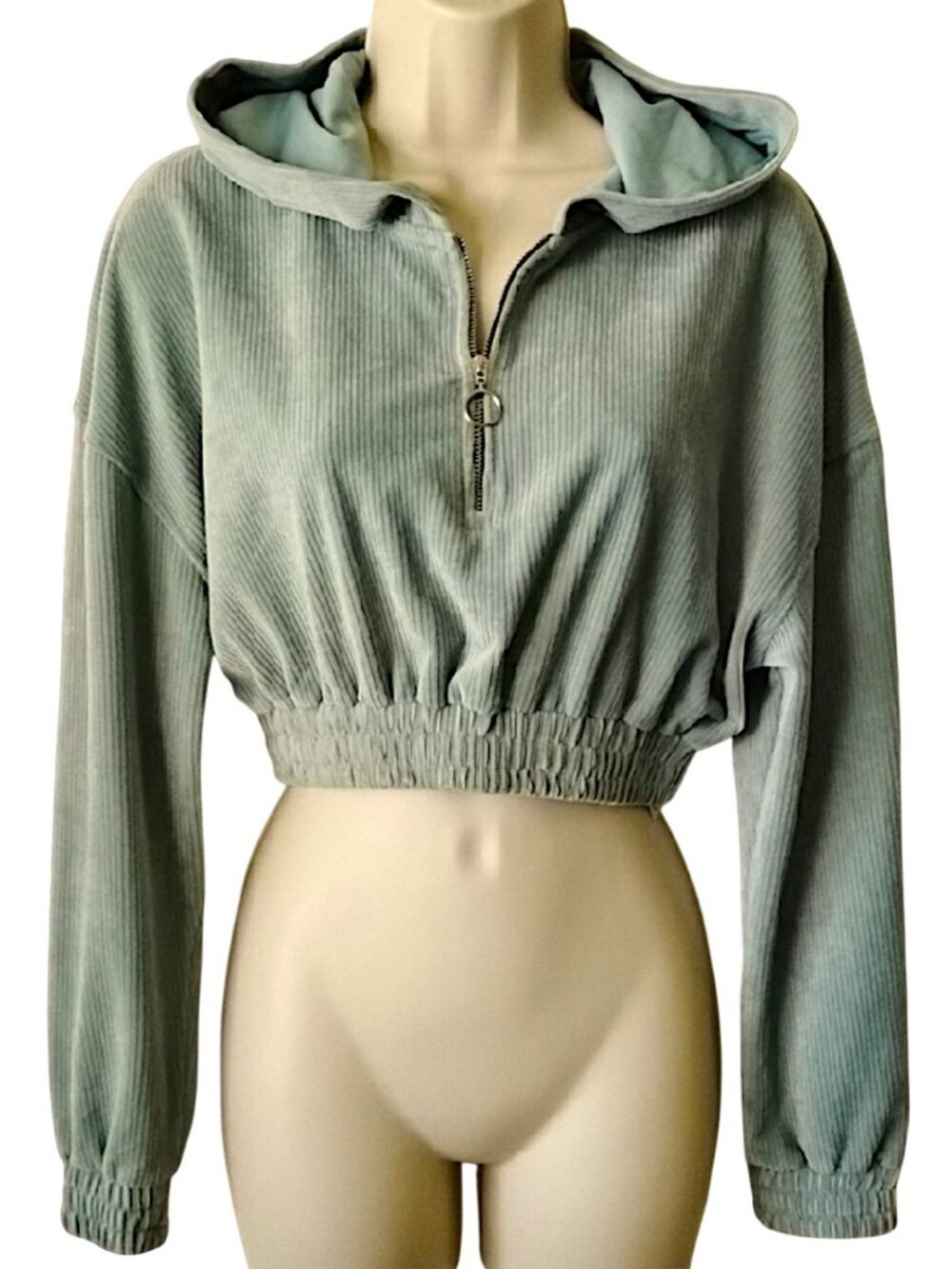 Zara Sage Green Soft Corduroy Cropped Hoodie XS